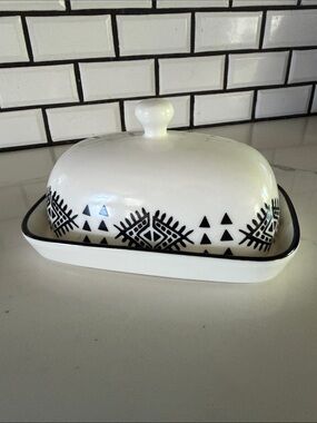 White Ceramic Butter Dish with Black Geometric Pattern